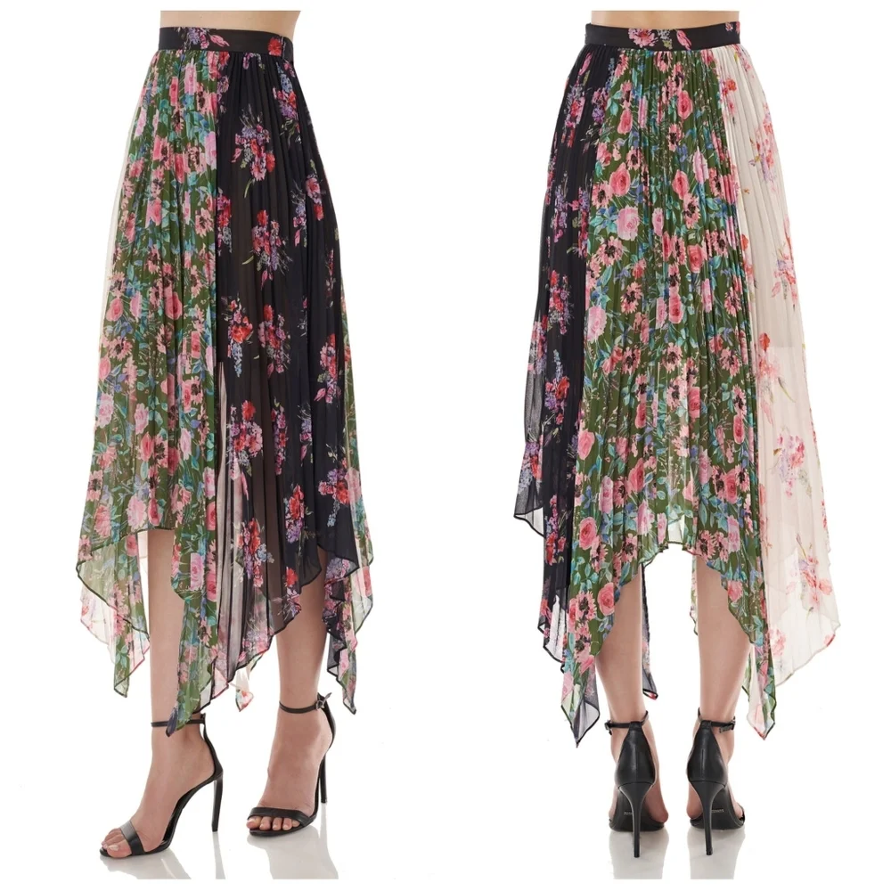 Amur Mica Skirt Tri Color Floral Pleated Hankerchief Hem Midi Skirt 4